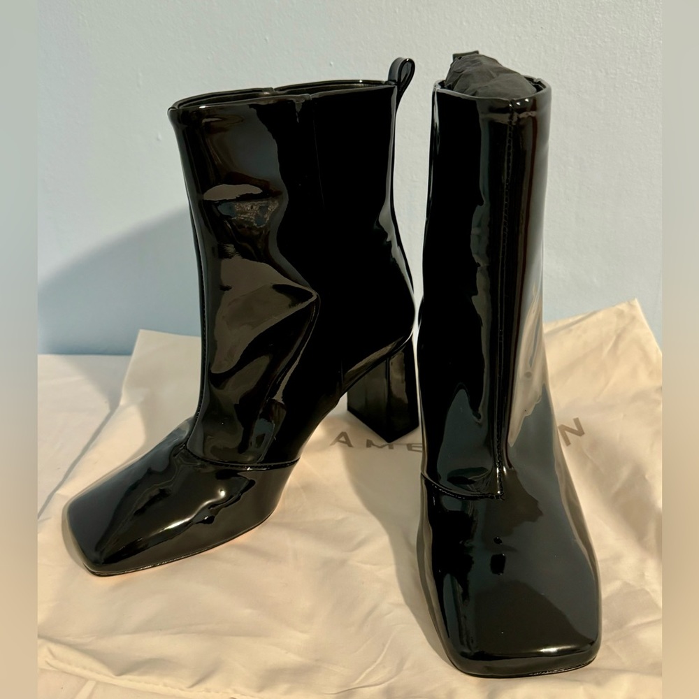 NEW Good American Black Patent Leather Boots Size 5 Square Toe Ankle Booties